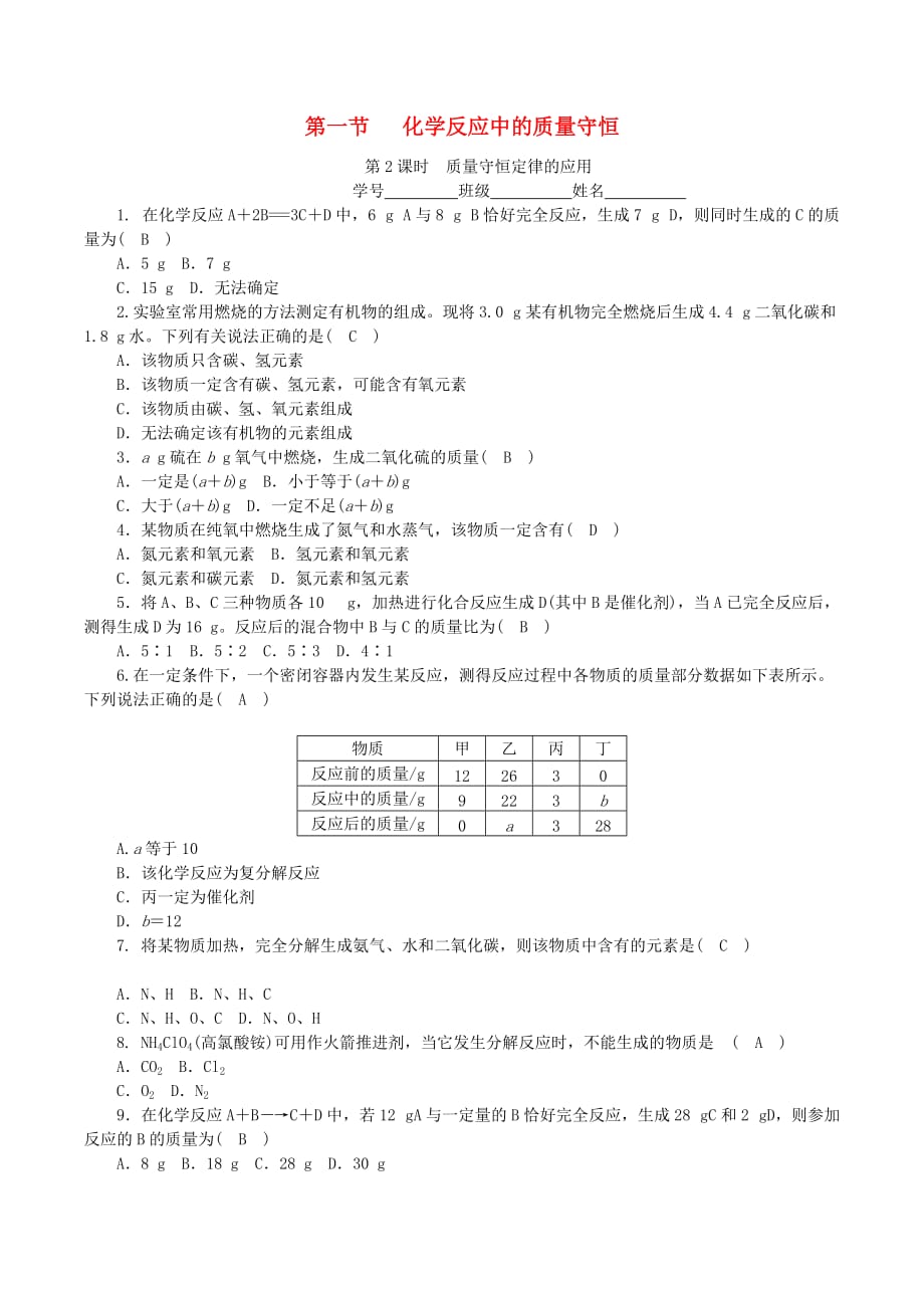 九年级化学上册第五单元定量研究化学反应第1节化学反应中的质量守恒第2课时质量守恒定律的应用课时练习新版鲁教版_第1页