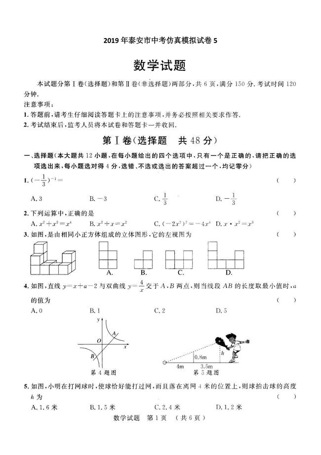 2019年泰安市中考仿真模拟卷5