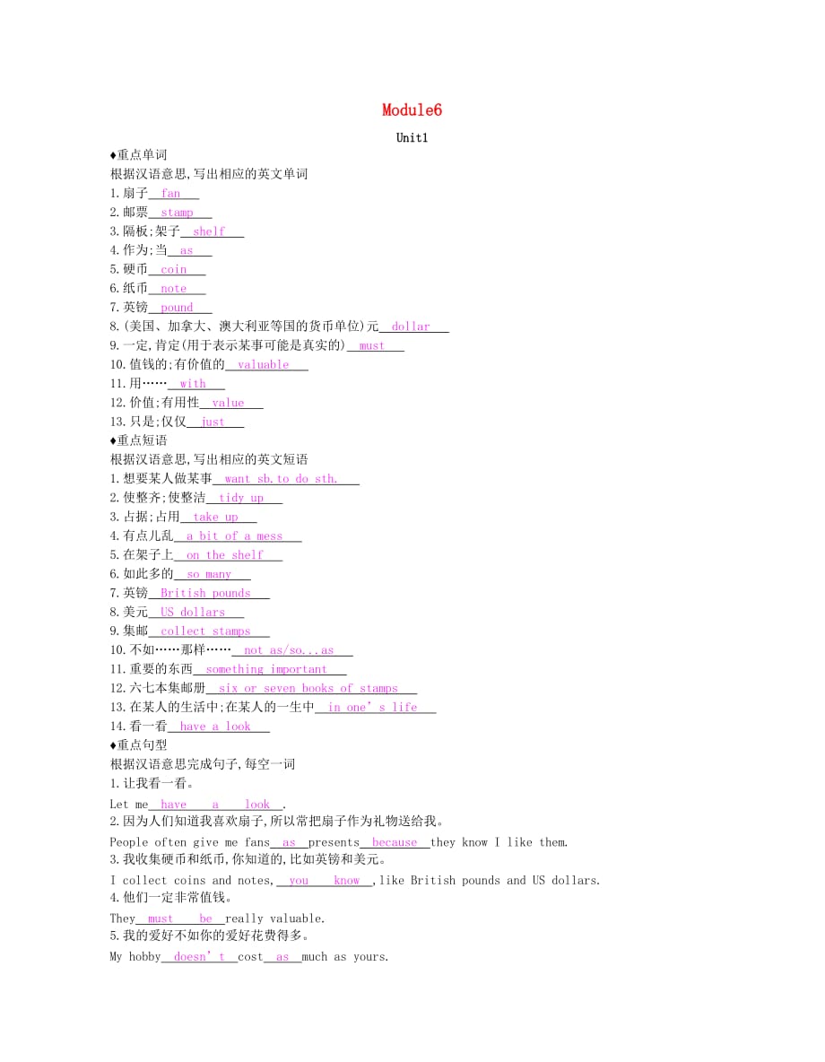 八年级英语下册Module6HobbiesUnit1Doyoucollectanything知识清单课时作业新版外研版_第1页