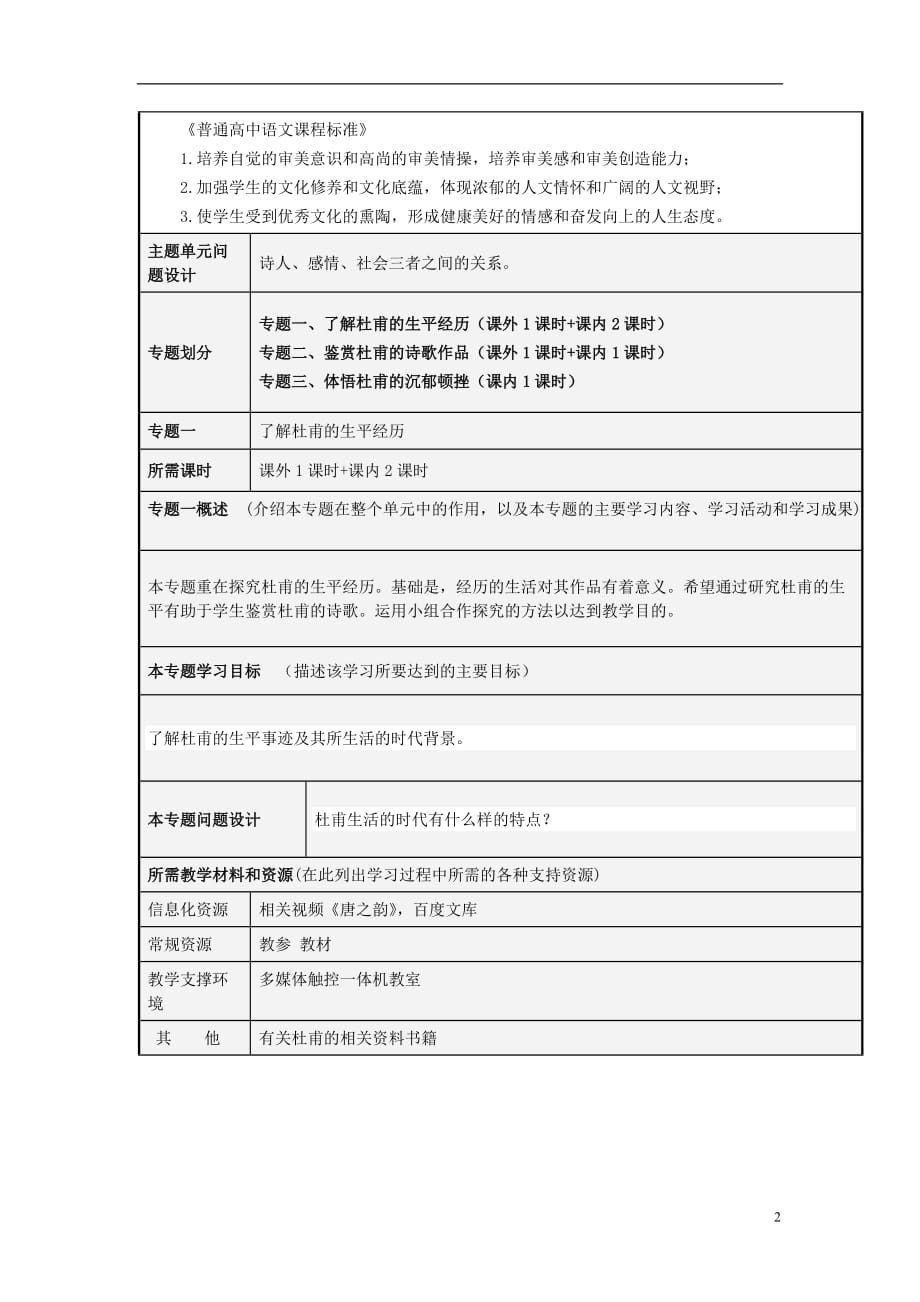 山东潍坊高二语文 穷忧黎元的杜甫主题单元设计 鲁教.doc_第2页