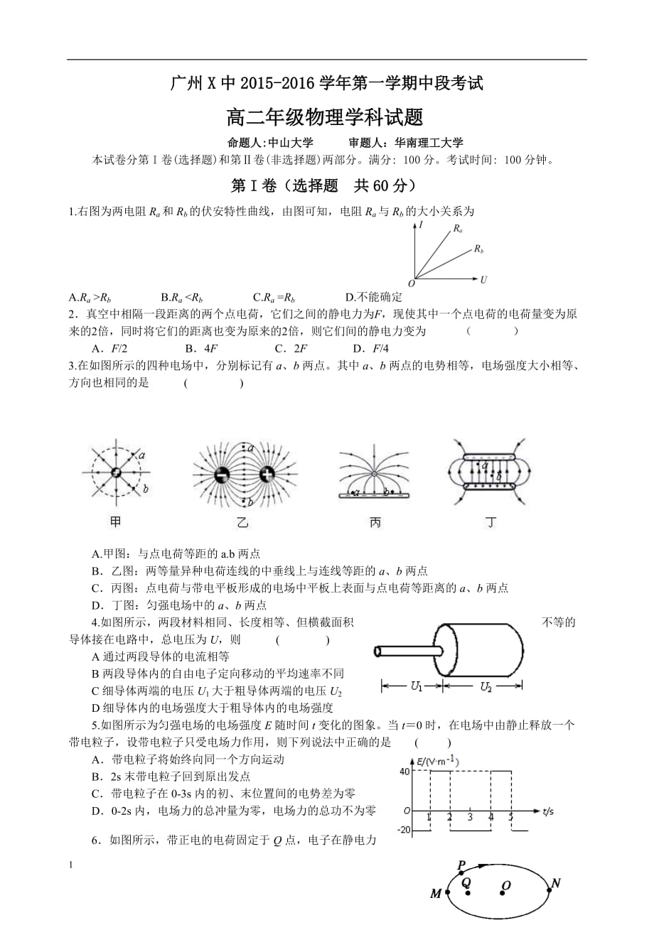 2015广州高二第一学期期中考试物理华附-广雅-省实-六中-执信--含答案讲义资料_第1页