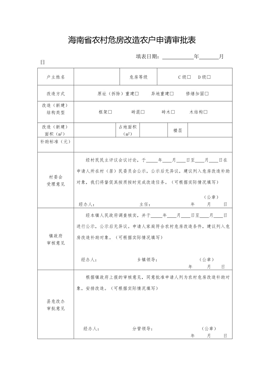 海南省农村危房改造农户申请审批表-模板_第1页