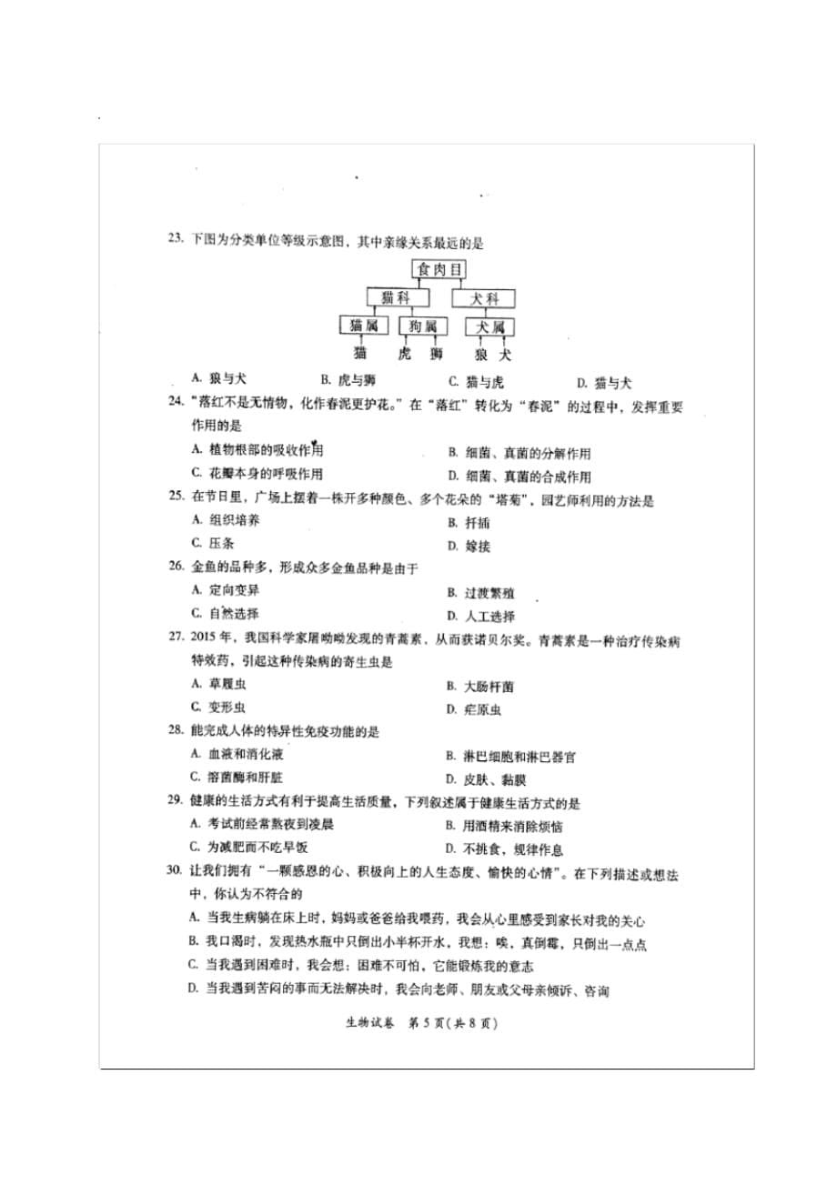 2019年广东中考生物仿真试题及参考答案_第5页