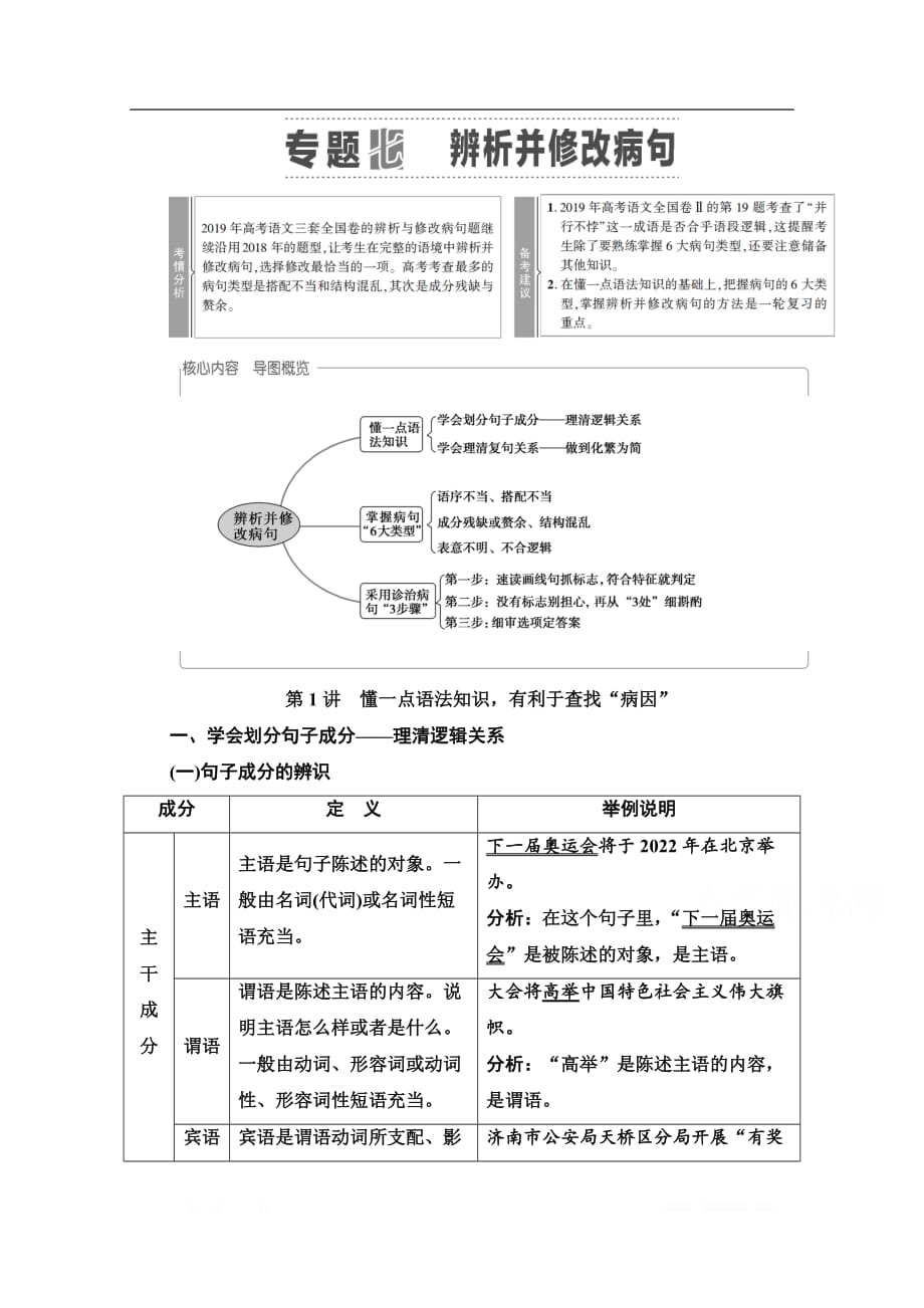 2021新高考语文一轮通用版教师用书：第3部分 专题7 第1讲　懂一点语法知识有利于查找“病因”_第1页