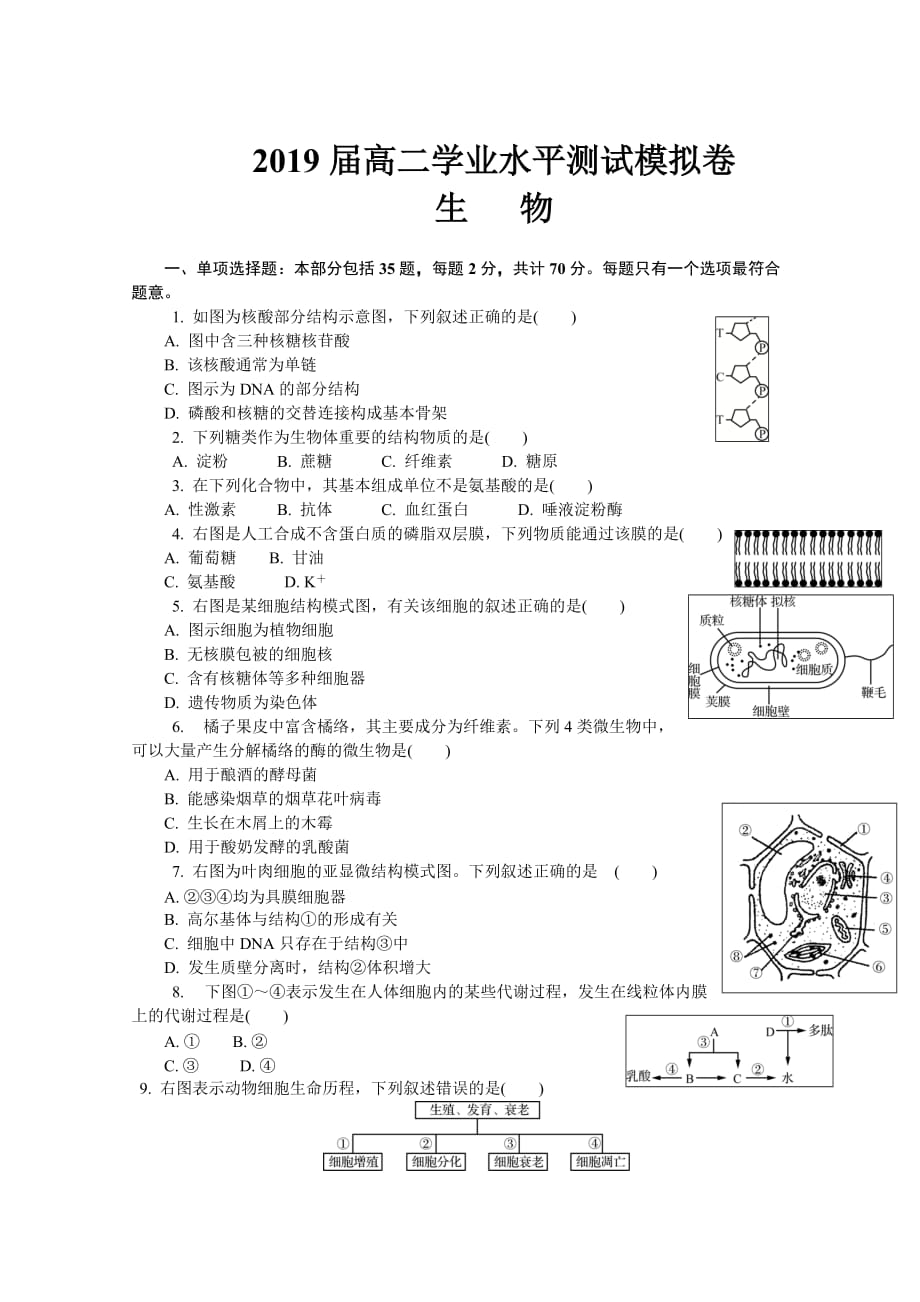 江苏省徐州市高二学业水平测试模拟卷（2月）生物Word版含答案_第1页