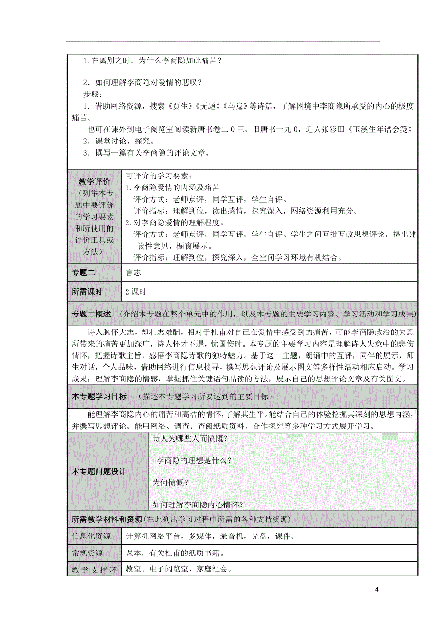 山东滕州高中高二语文 诗国余晖中灿烂晚霞主题单元设计.doc_第4页