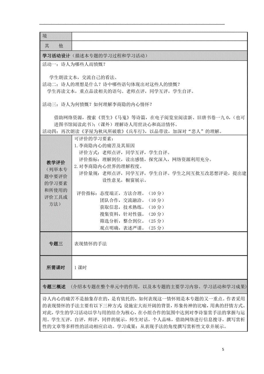 山东滕州高中高二语文 诗国余晖中灿烂晚霞主题单元设计.doc_第5页