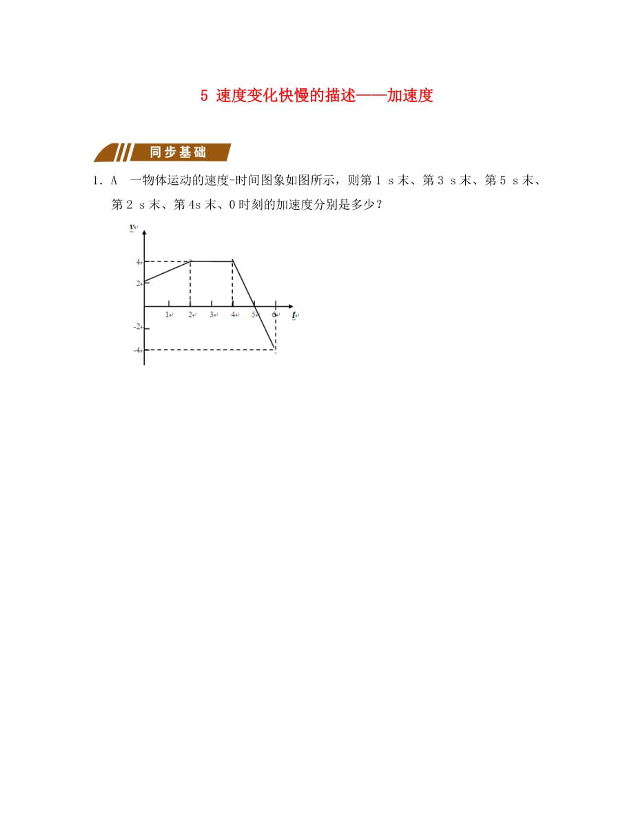 江苏省大丰市物理 第一章 运动的描述 1.5 速度变化快慢的描述加速度测试题（无答案）新人教版必修1_第1页