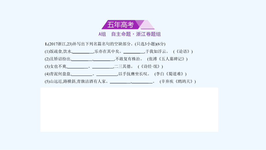 高考语文（浙江省专用）复习专题测试课件（命题规律探究+题组分层精练）：专题十五　名篇名句默写 （共59张PPT）_第1页