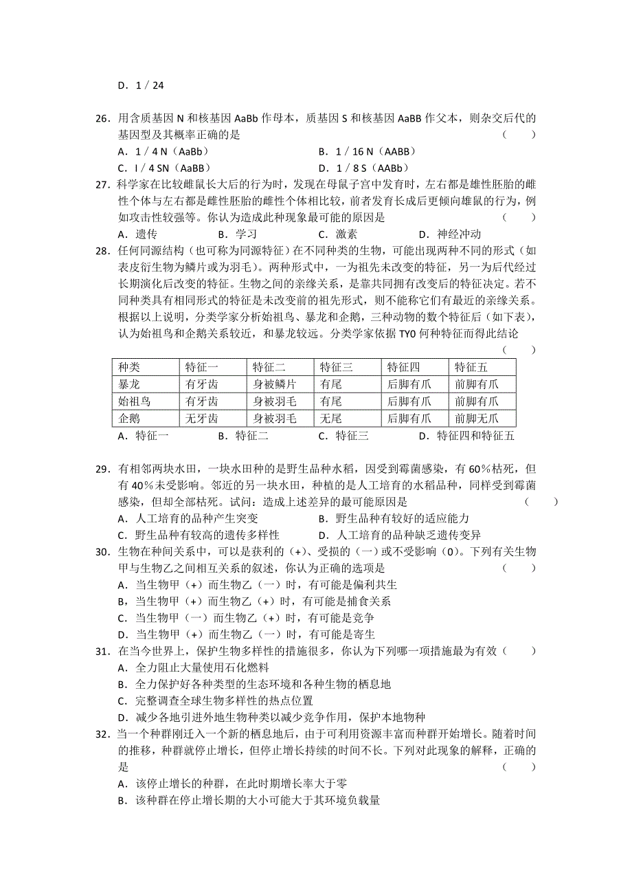 2008年江苏省高中生物学竞赛初赛试题_第4页