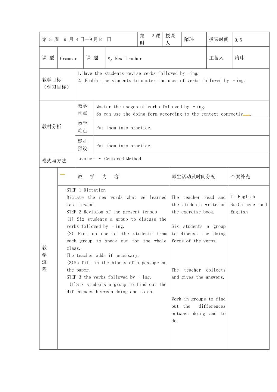 黑龙江省鸡西市第十九中学外研版高中英语必修一M2 My New Teachers 教案6_第1页