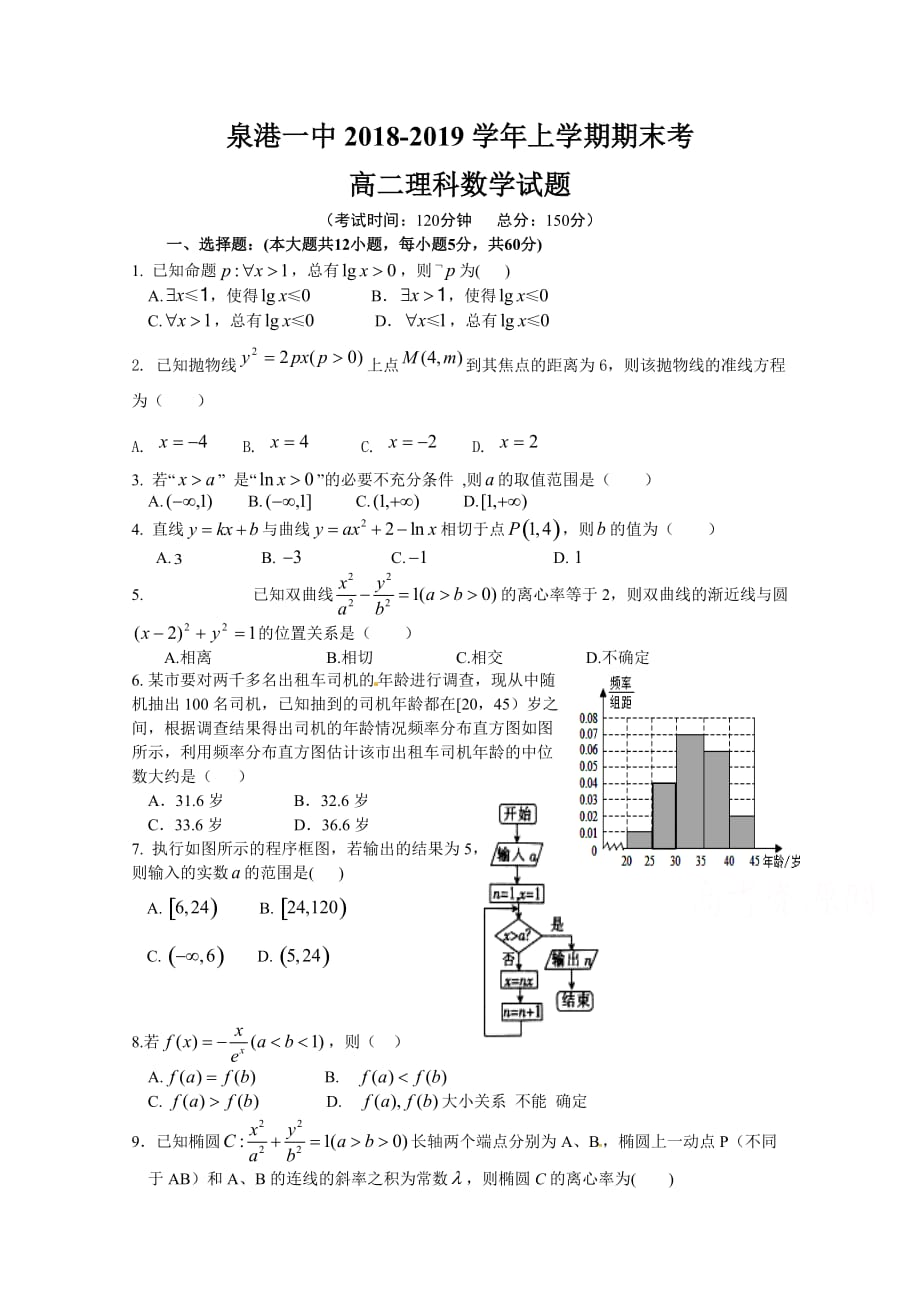 福建省泉州市泉港区第一中学高二上学期期末考试数学（理）Word版含答案_第1页