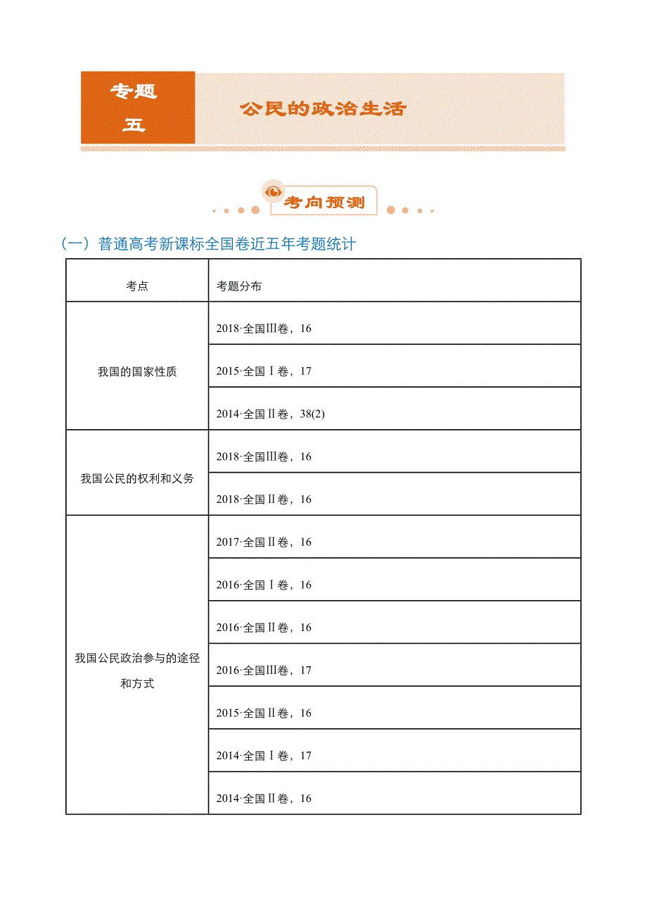 高考政治二轮复习专题5：公民的政治生活Word版含解析_第1页