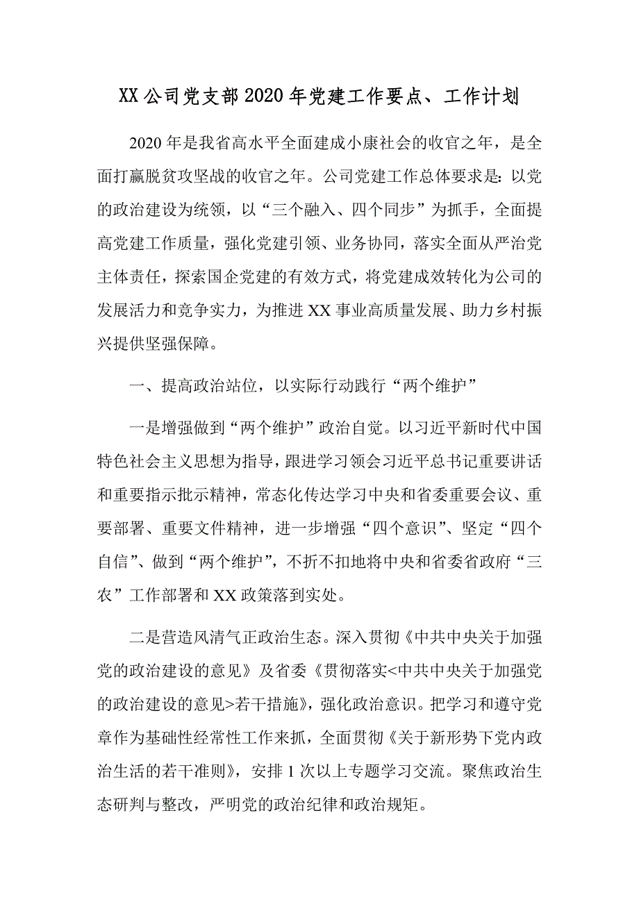 XX公司党支部2020年党建工作要点、工作计划_第1页