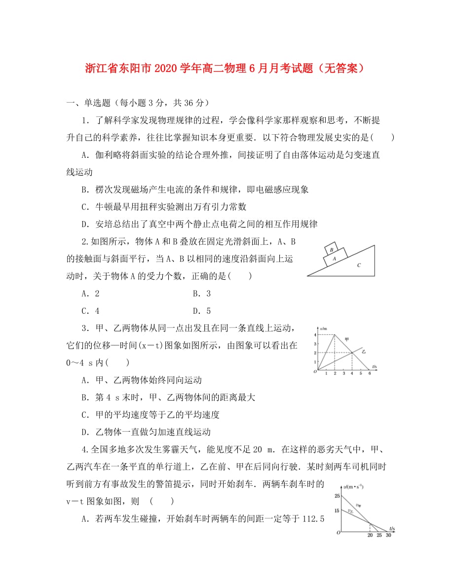 浙江省东阳市2020学年高二物理6月月考试题（无答案）_第1页