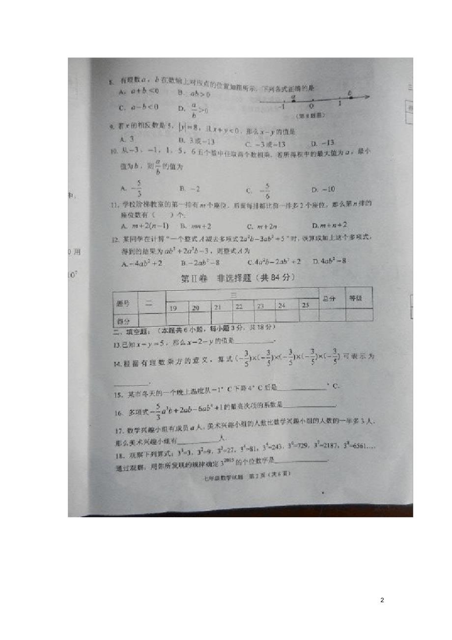 山东省临沭县青云镇中心中学七年级数学上学期期中试题(扫描版无答案).pdf_第2页