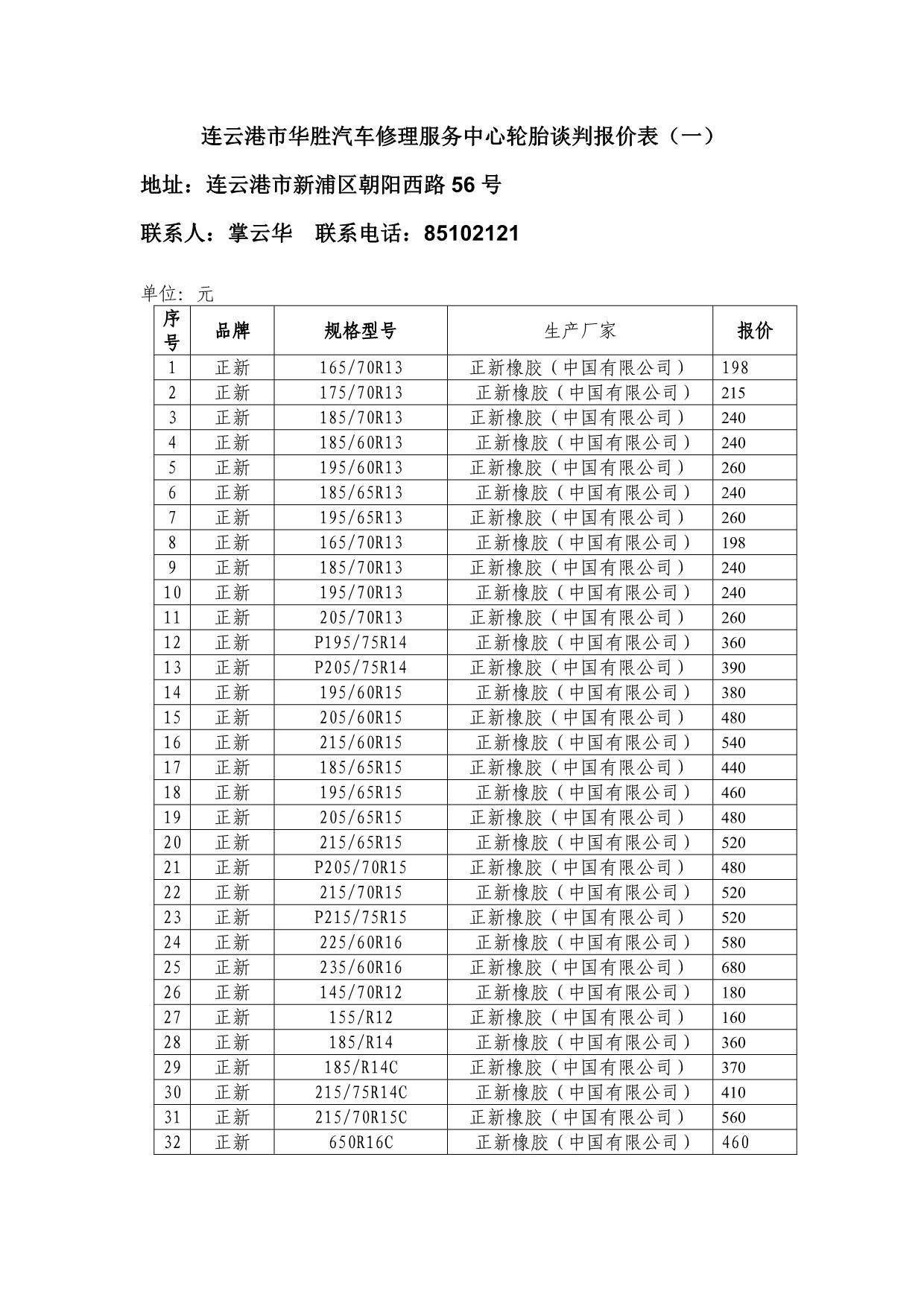 （售后服务）连云港市华胜汽车修理服务中心轮胎谈判报价表(一)_第1页