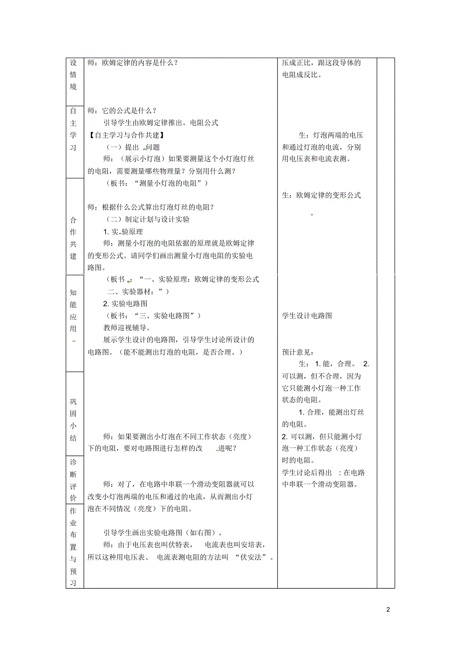 山东省临沂市蒙阴县第四中学九年级物理全册15.3伏安法测电阻教案(新版)沪科版.pdf_第2页