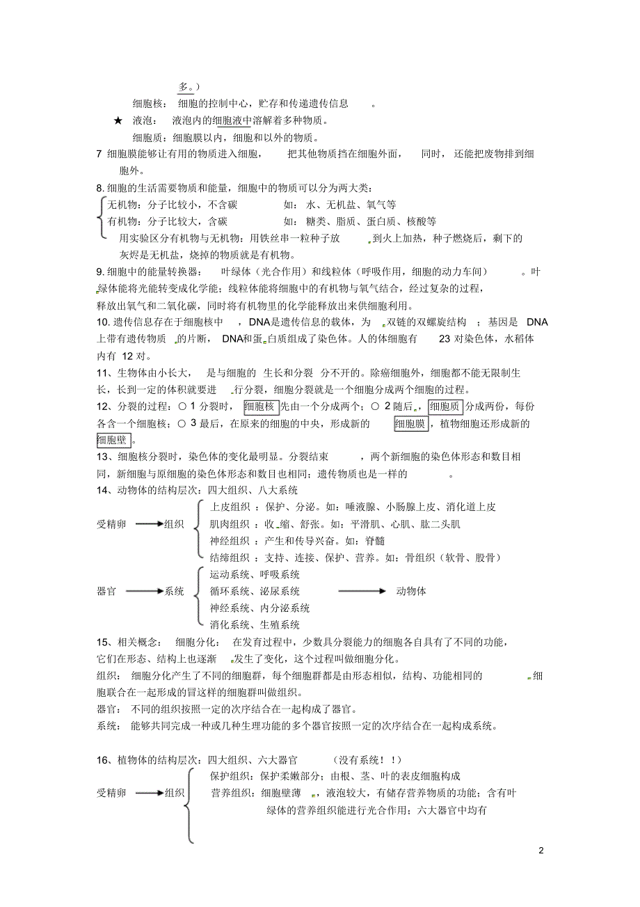 山东省临沂市青云镇中心中学七年级生物上册第二单元生物和细胞知识点汇总新人教版.pdf_第2页