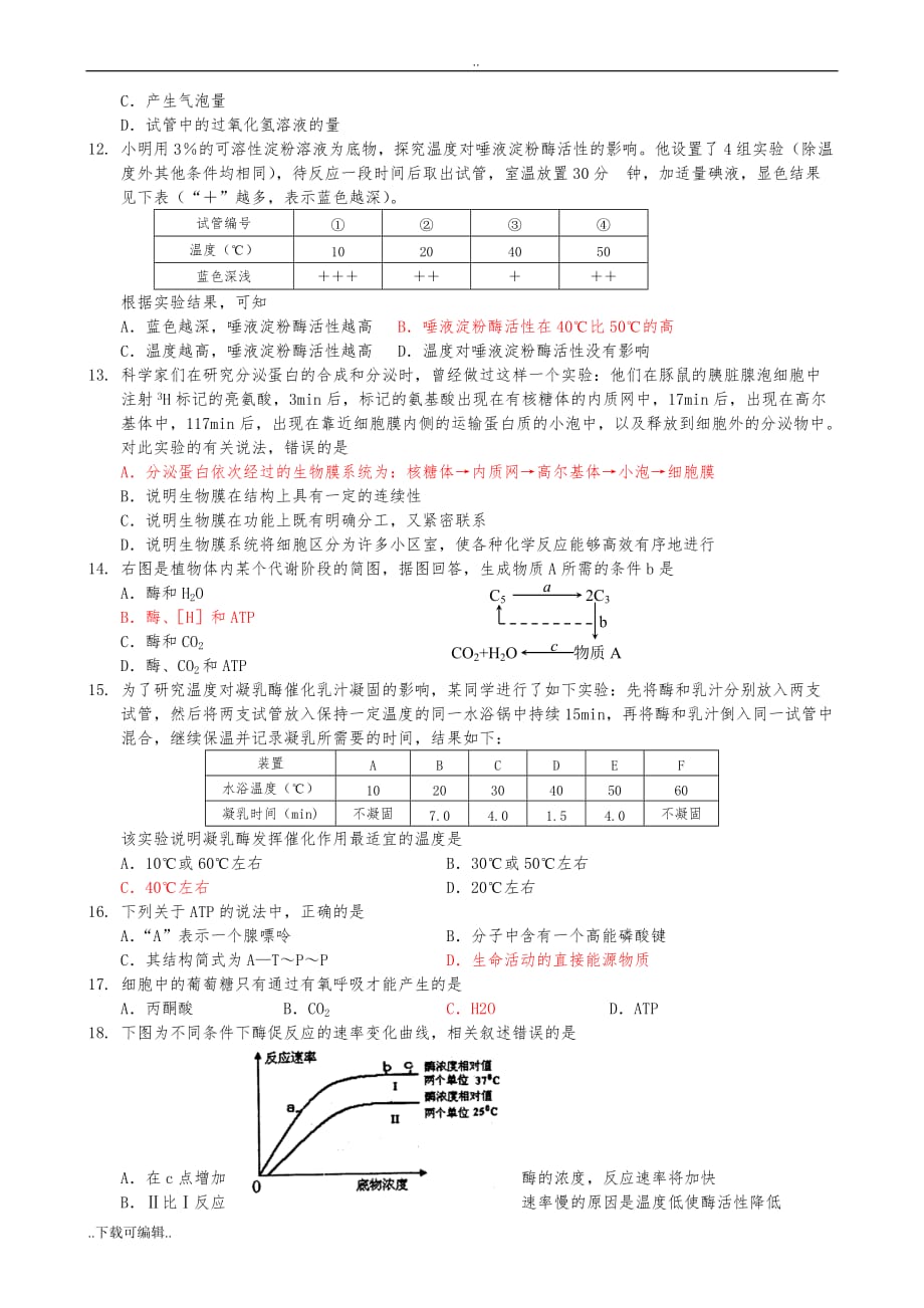 高中二年级生物会考复习必修1练习题1_第2页