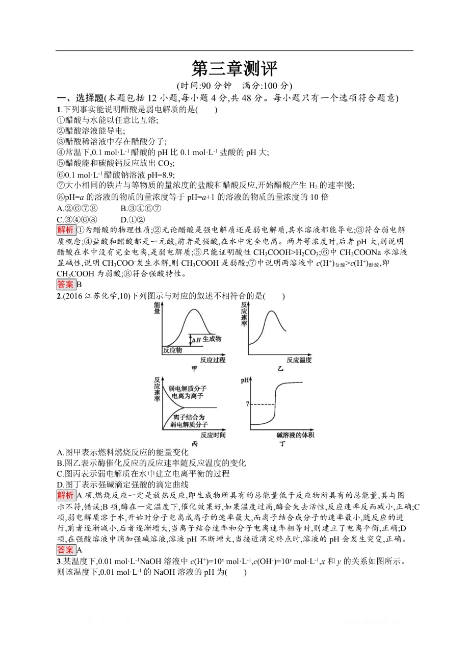 2019-2020学年高二化学人教版选修4练习：第3章 水溶液中的离子平衡 测评_第1页