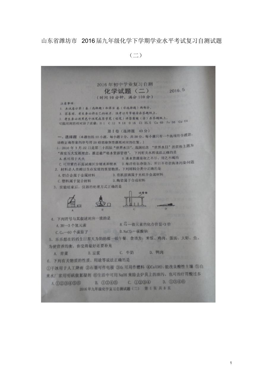 山东省潍坊市九年级化学下学期学业水平考试复习自测试题(二)(扫描版无答案).pdf_第1页