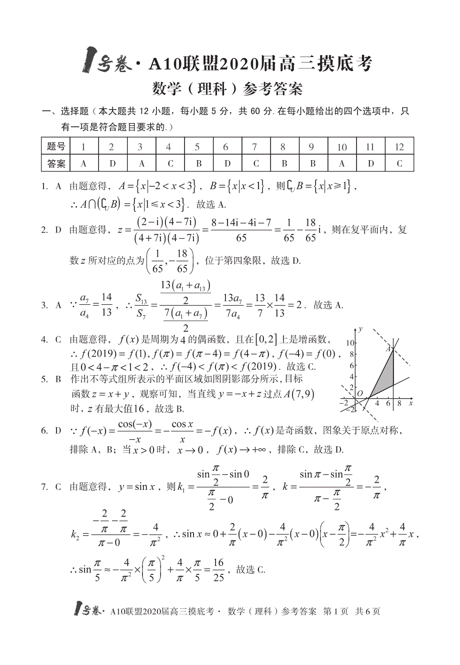 1号卷&amp#183;A10联盟高三摸底考数学理科答案.pdf_第1页