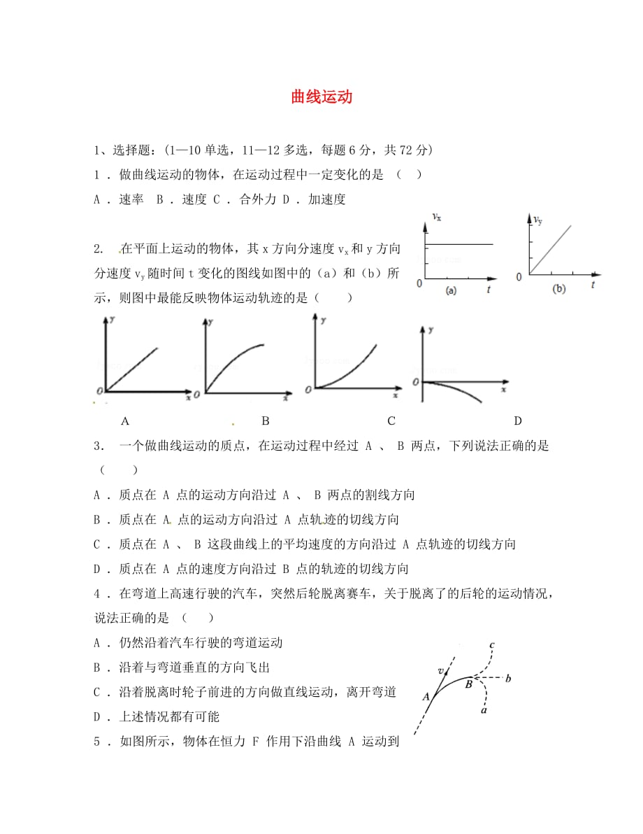 河南省滑县第六高级中学2020学年高中物理 5.1 曲线运动限时训练（无答案）新人教版必修2_第1页