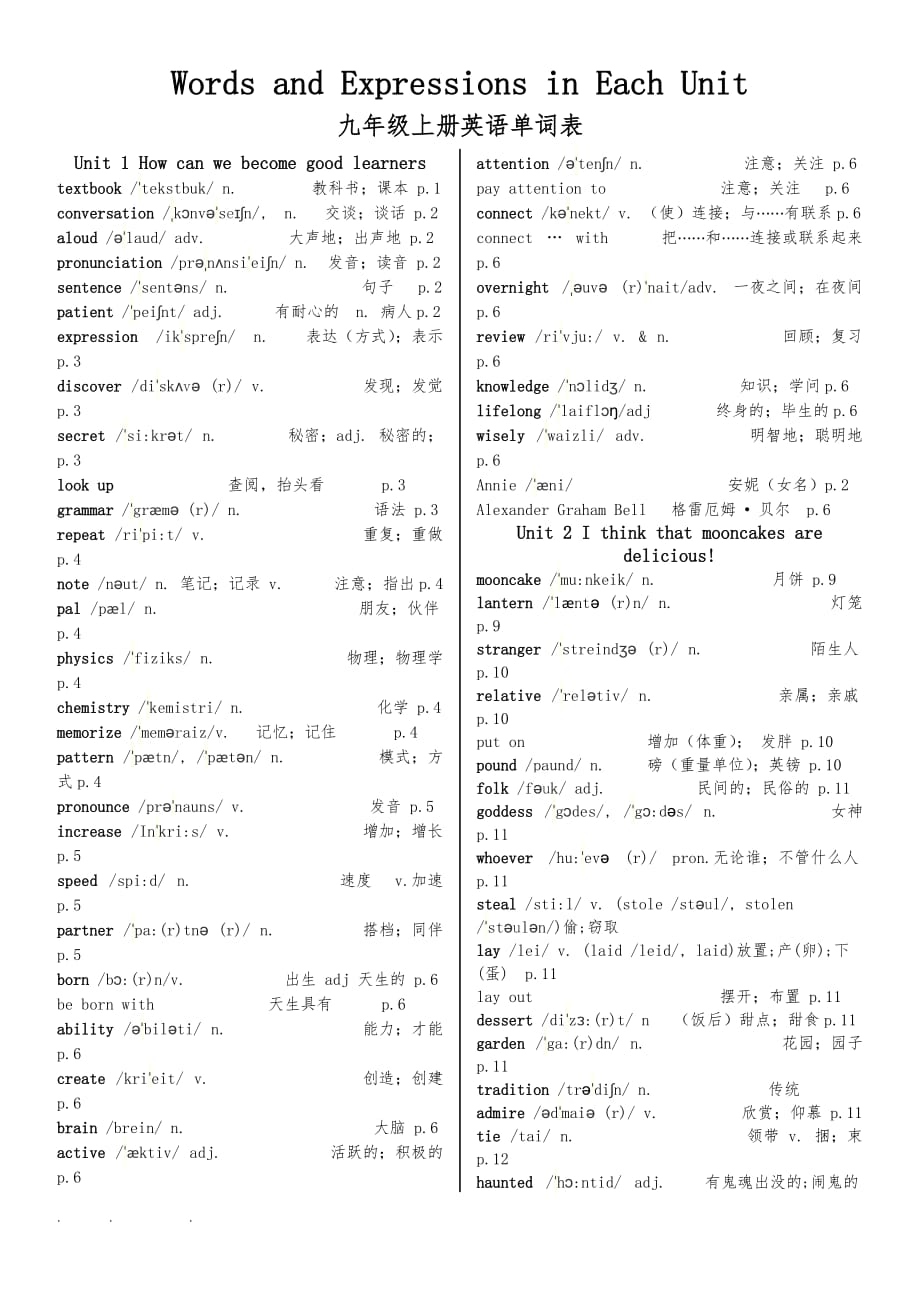 新人版九年级英语（全册）各单元单词表(含音标)_第1页