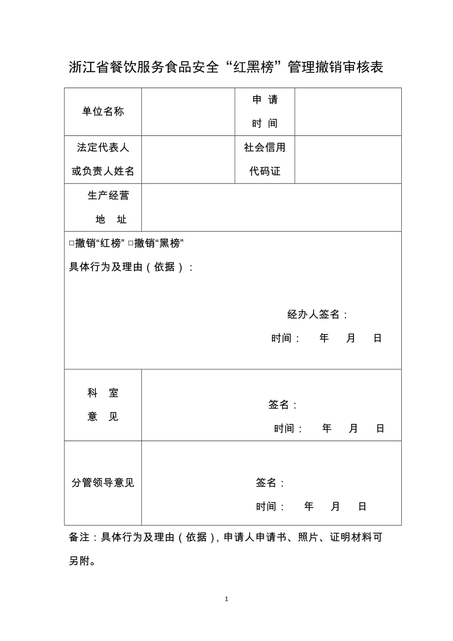 浙江省餐饮服务食品安全“红黑榜”管理撤销审核表_第1页