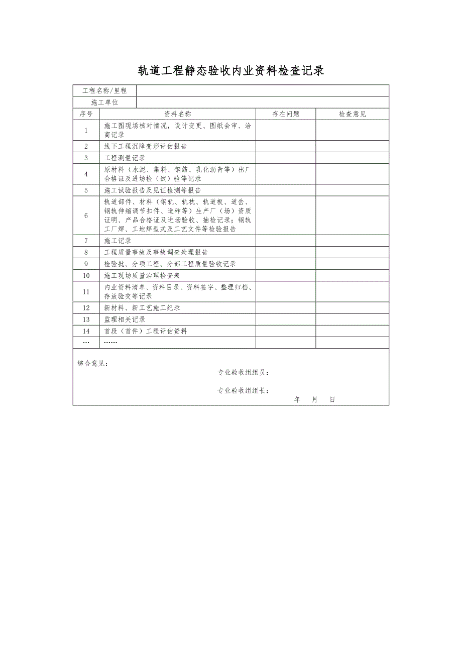 轨道工程静态验收内业文件检查记录_第1页