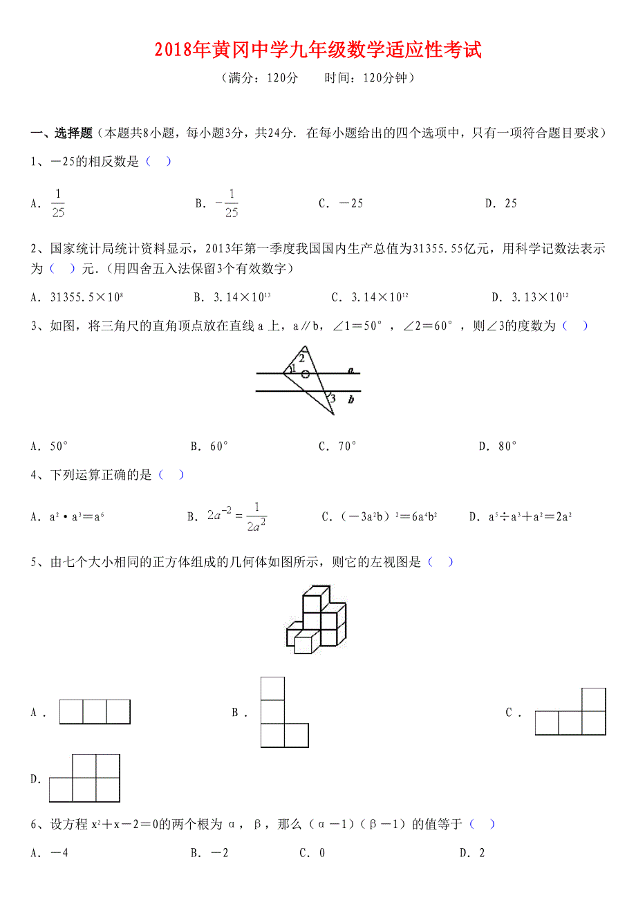 2019九年级数学适应性考试_第1页