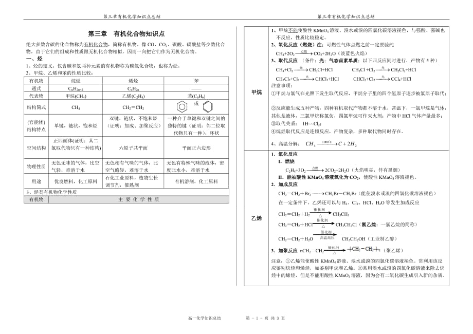 高一必修一化学第三章有机化合物知识点汇总_第1页