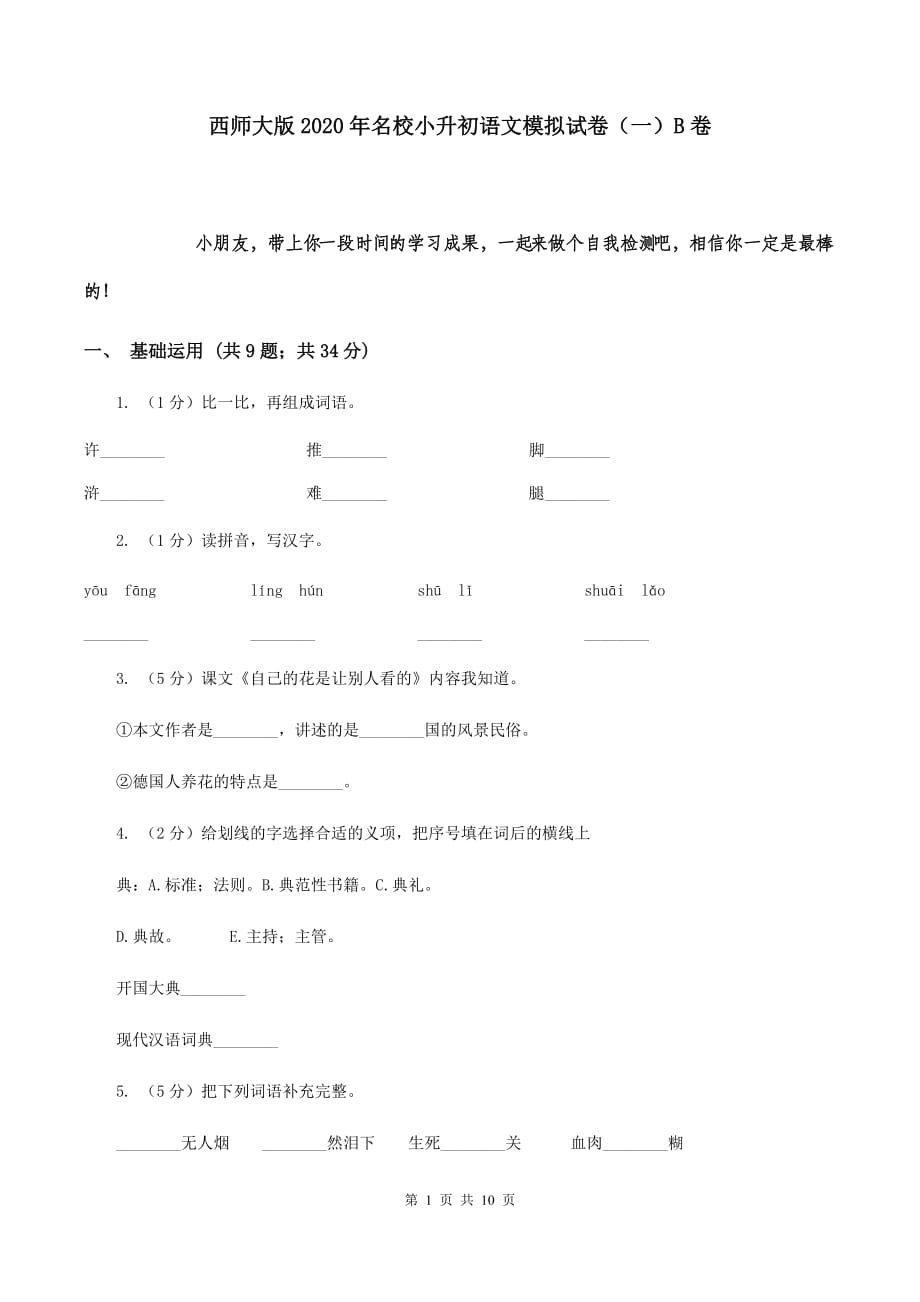 西师大版2020年名校小升初语文模拟试卷（一）B卷.doc_第1页