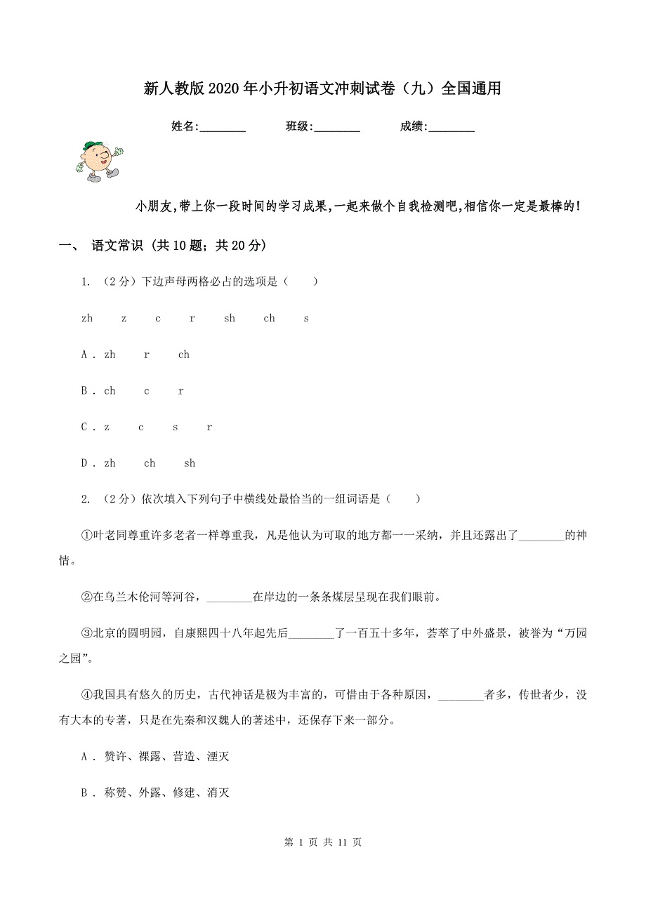 新人教版2020年小升初语文冲刺试卷（九）全国通用.doc_第1页