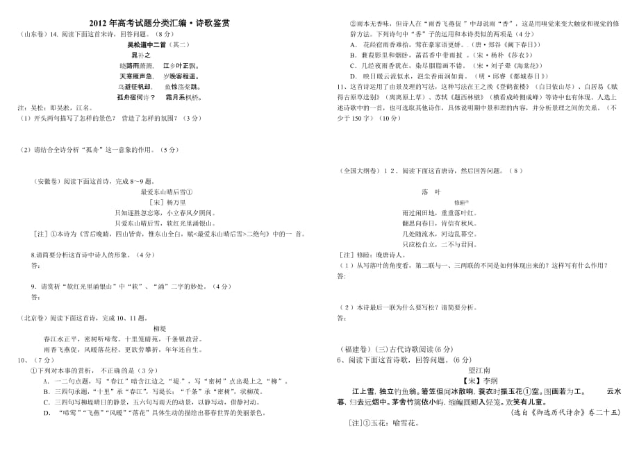 2012年高考语文试题分类汇编诗歌鉴赏（附解析）.doc_第1页