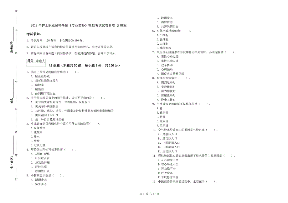 2019年护士职业资格考试《专业实务》模拟考试试卷B卷 含答案.doc_第1页