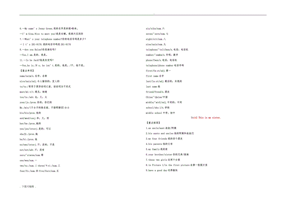 初一（上册）重点单词、短语、句型全汇总_第3页