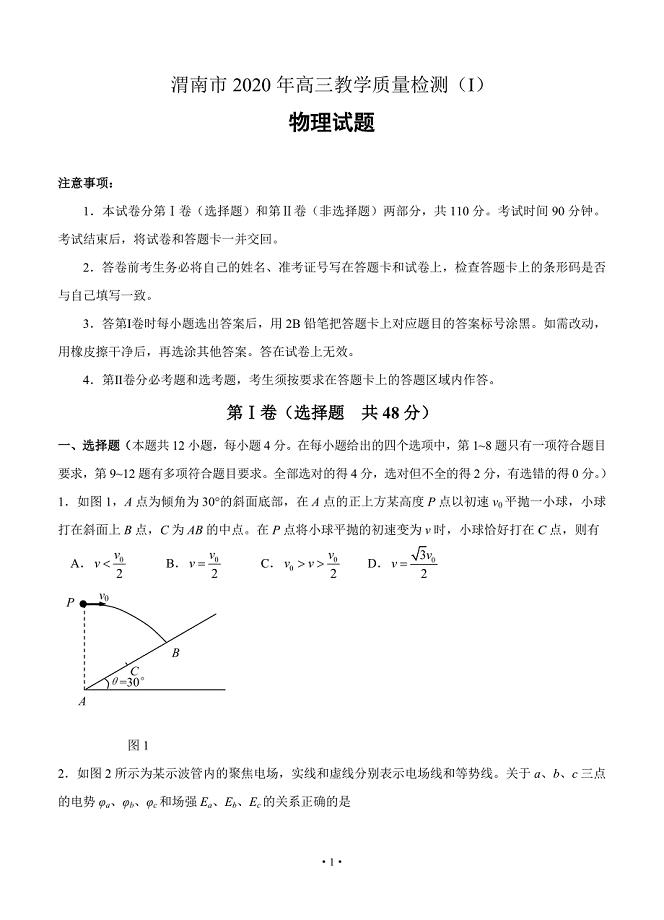 2020届陕西省渭南市高三上学期期末教学质量检测（Ⅰ）物理试题 含答案