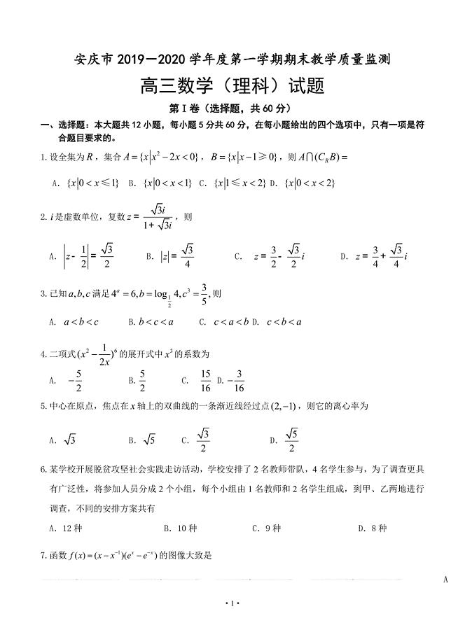安徽省安庆市2020届高三上学期期末教学质量监测 数学（理） 含答案