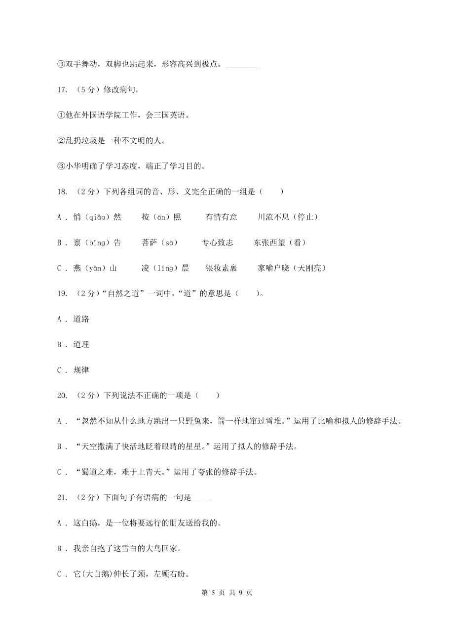 西师大版备考2020年小升初语文精选易错题集（二）B卷.doc_第5页