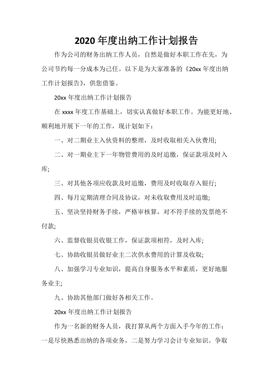 出纳工作计划 出纳工作计划大全 2020年度出纳工作计划报告_第1页