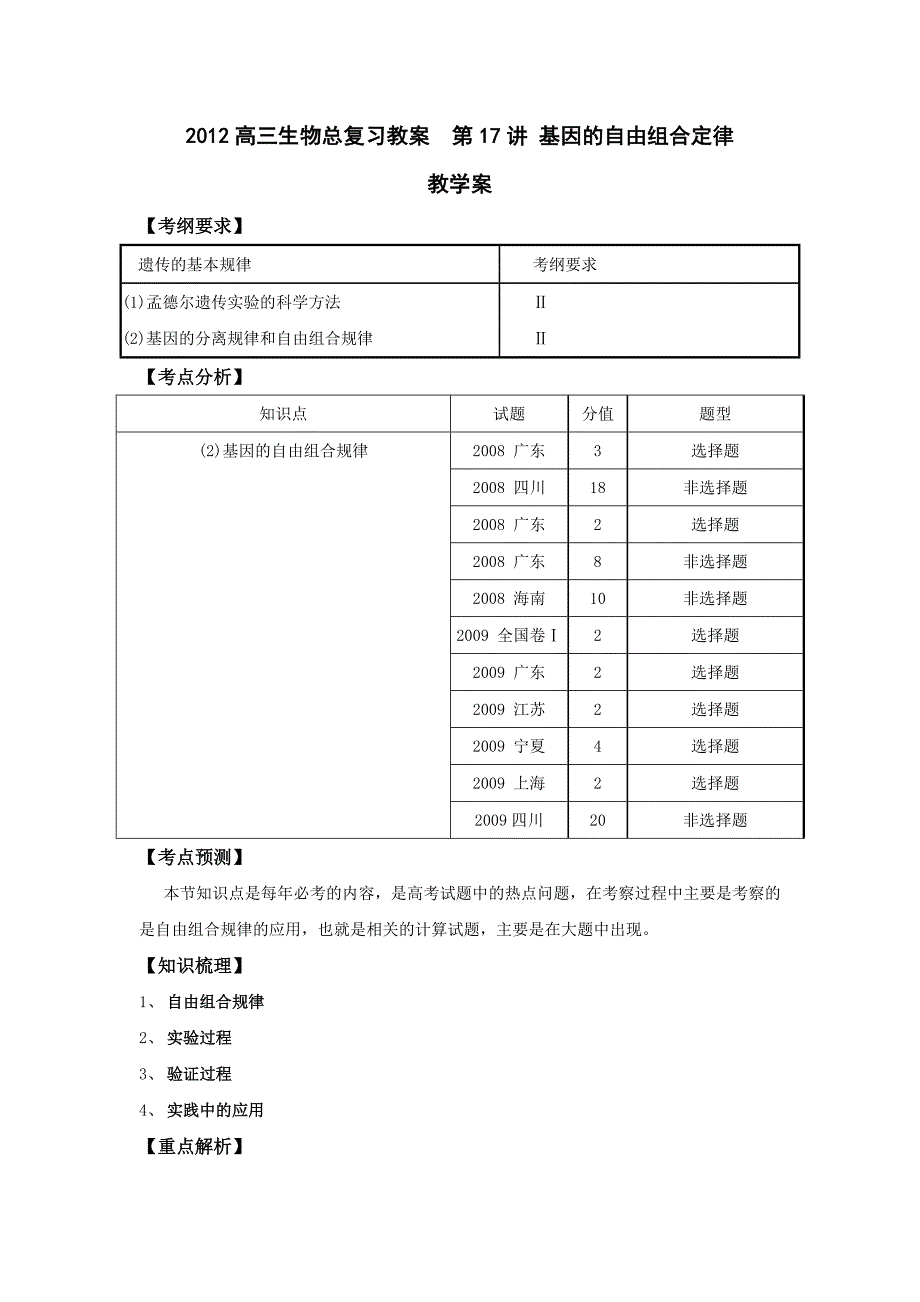 2012高三生物总复习教案第17讲基因的自由组合定律.doc_第1页