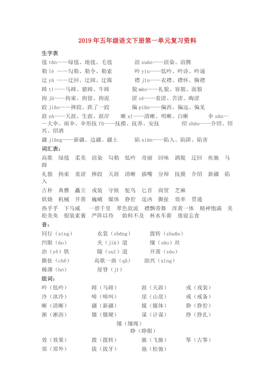 2019年五年级语文下册第一单元复习资料.doc_第1页