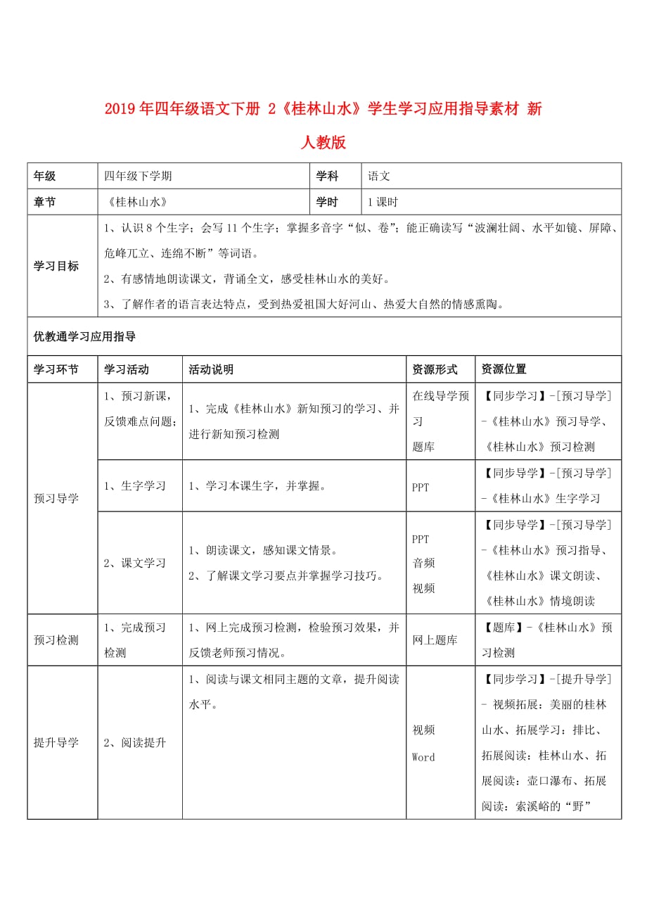 2019年四年级语文下册 2《桂林山水》学生学习应用指导素材 新人教版.doc_第1页