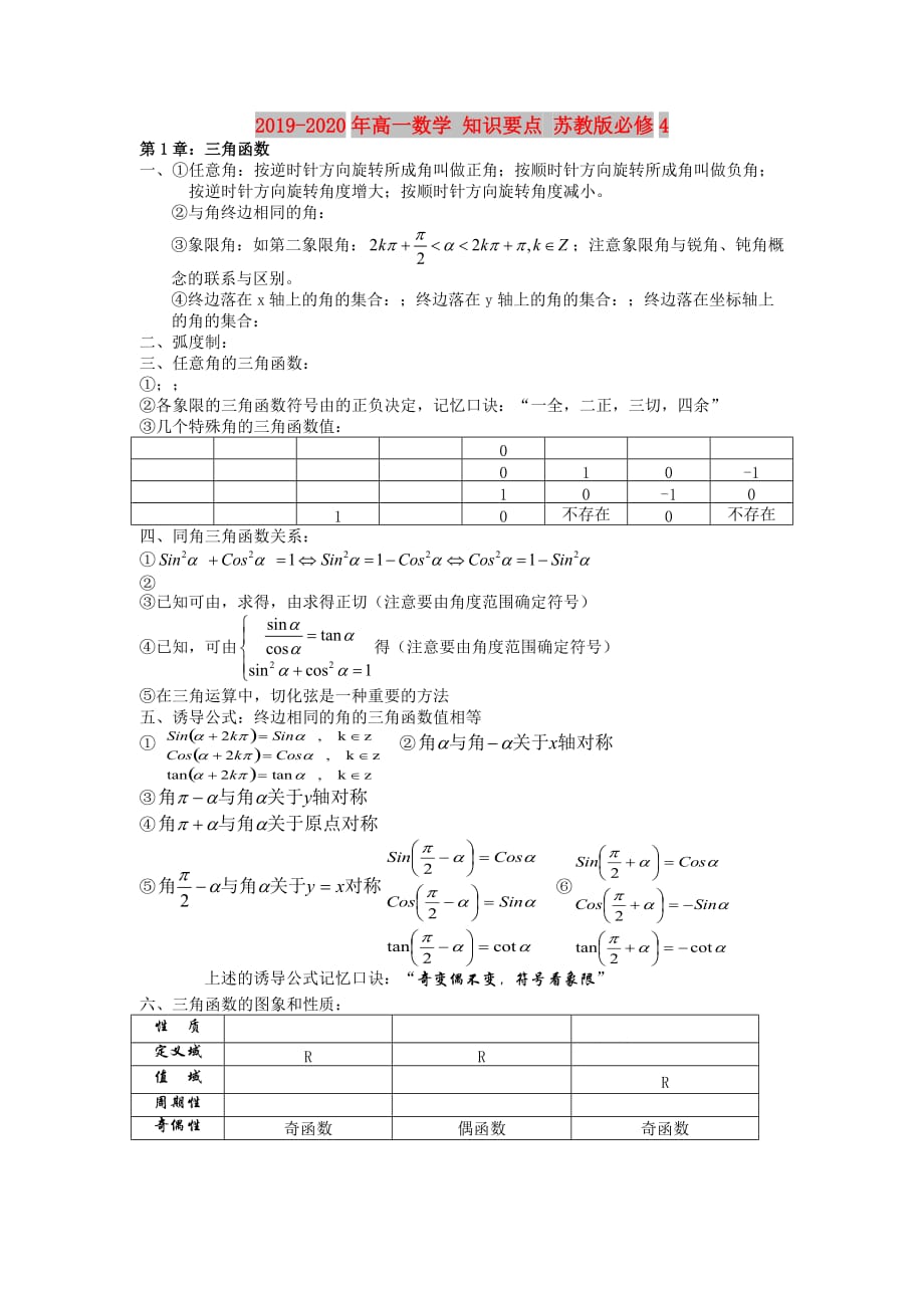 2019-2020年高一数学 知识要点 苏教版必修4.doc_第1页