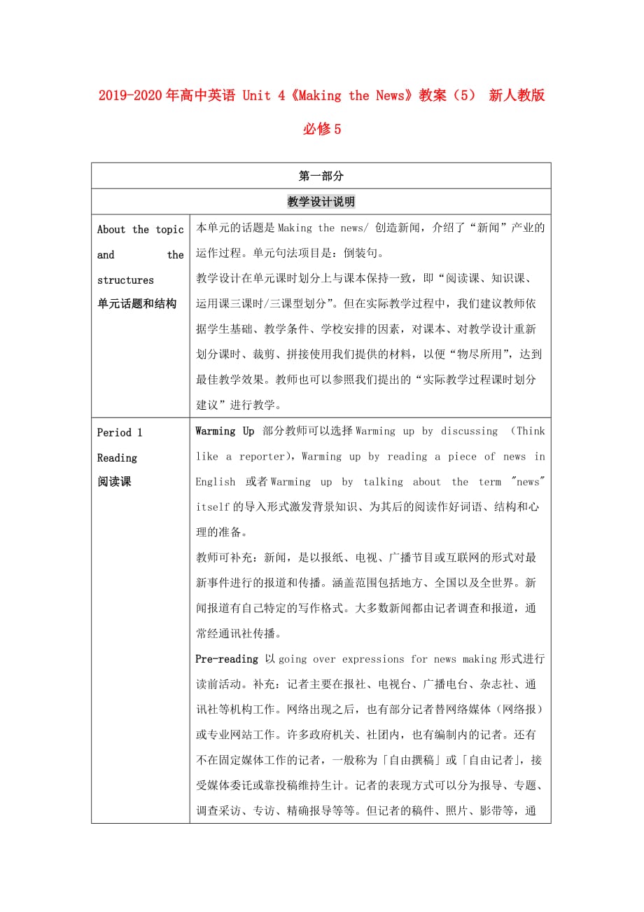 2019-2020年高中英语 Unit 4《Making the News》教案（5） 新人教版必修5.doc_第1页