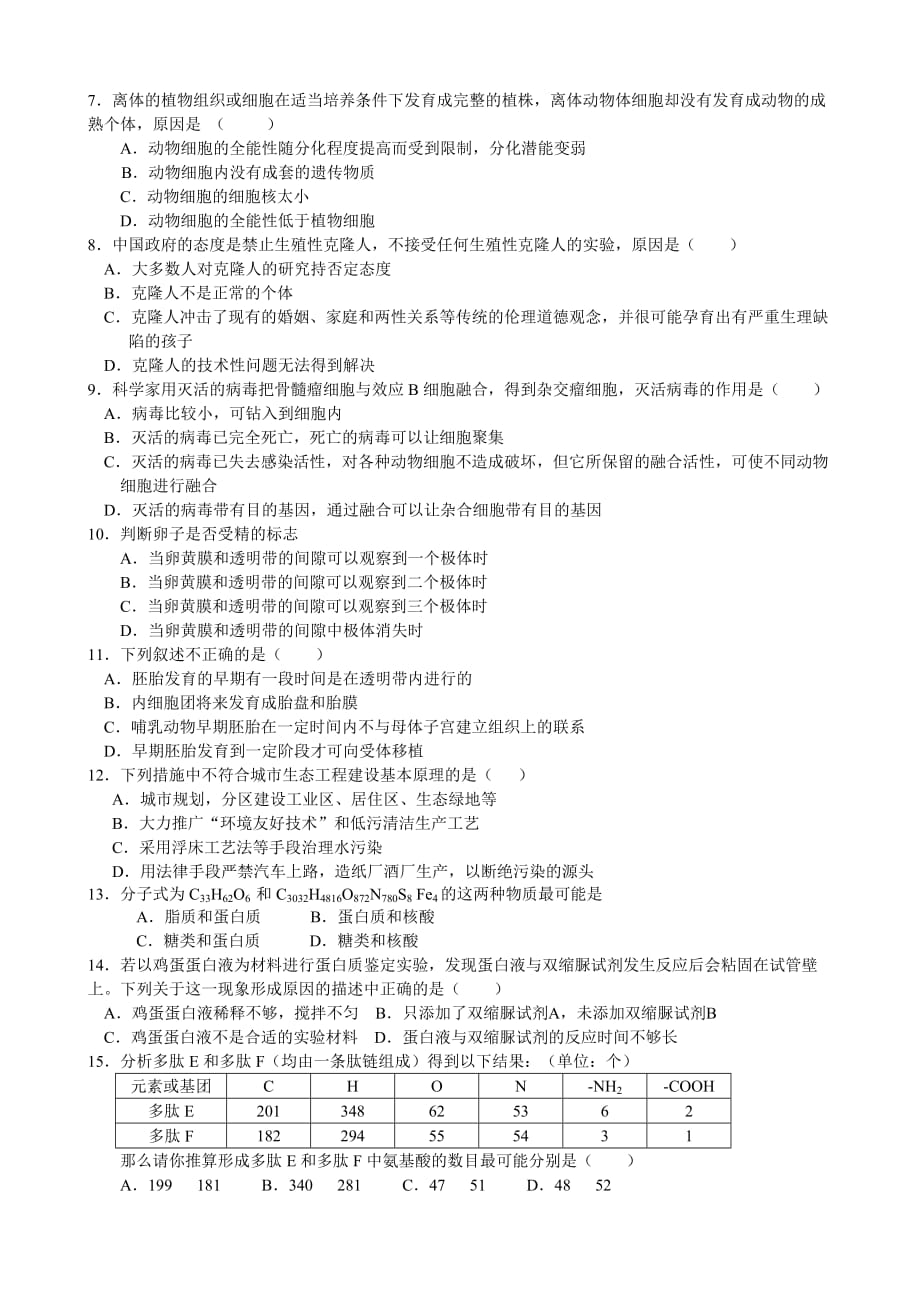 2019-2020年高二下学期第二阶段考试生物试题.doc_第2页