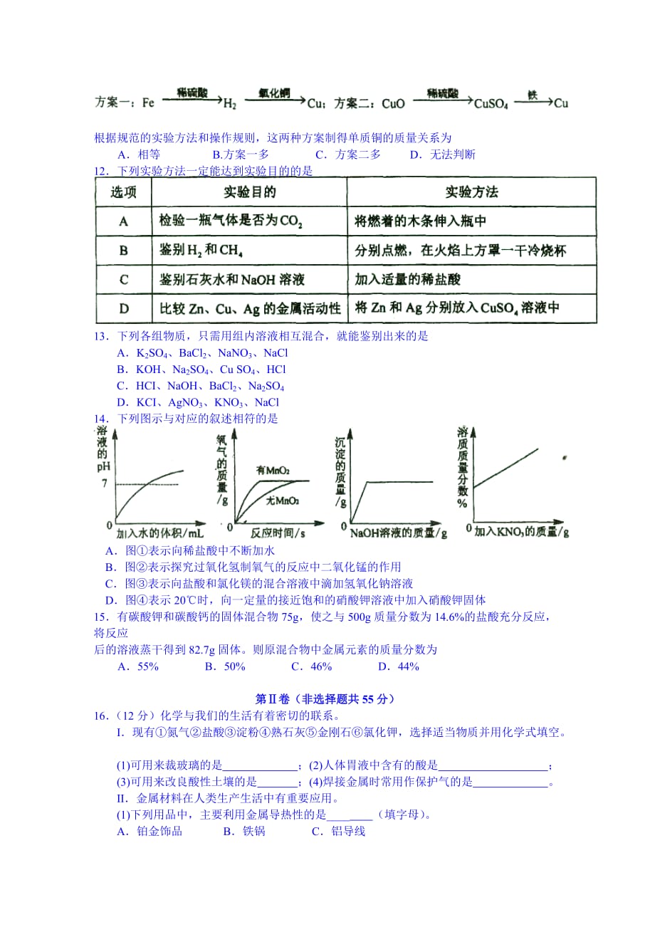 2019-2020年高一上学期入学考试化学试题卷 缺答案.doc_第2页