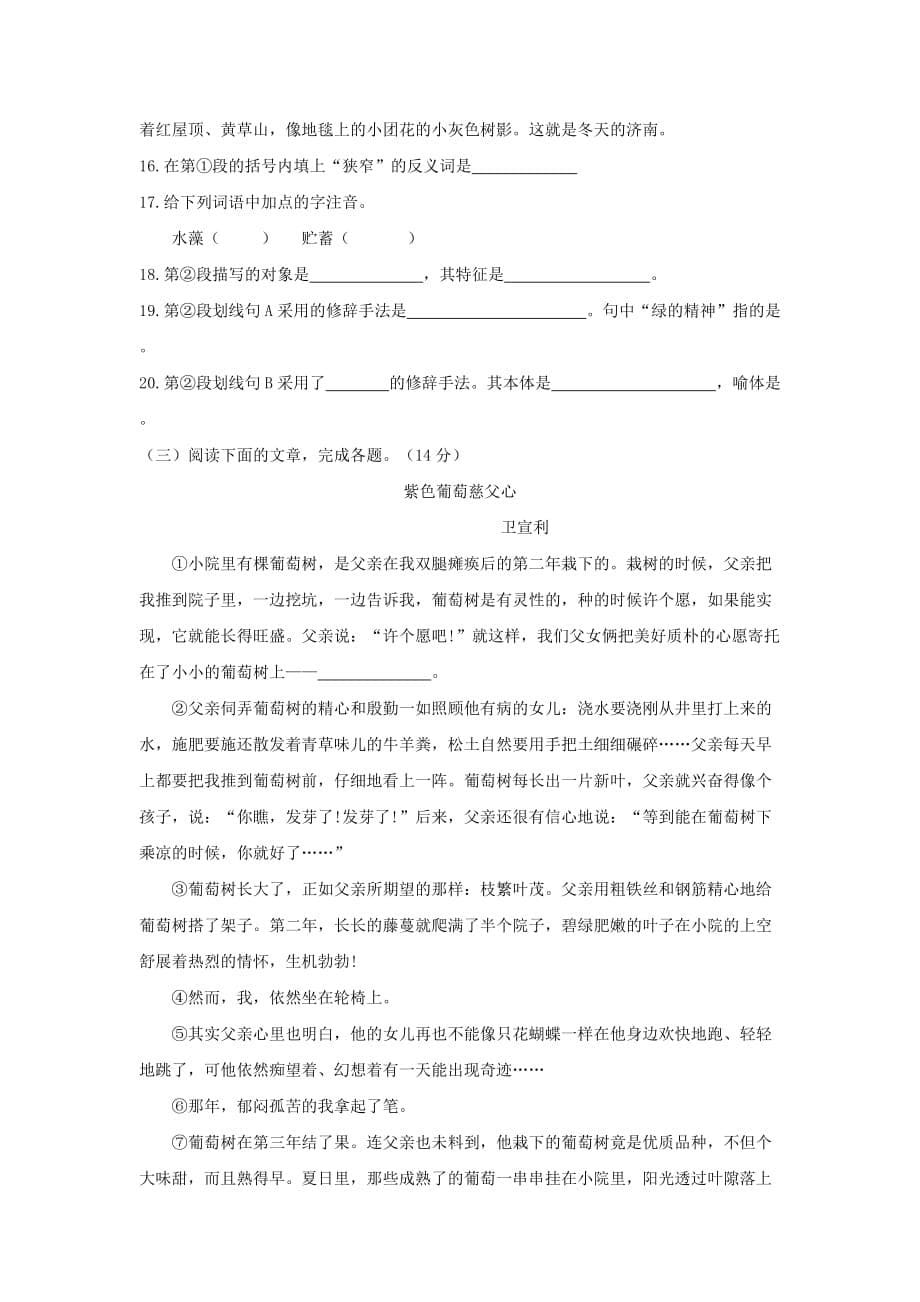 2019-2020年七年级语文上学期期末考试试题（VI）.doc_第5页